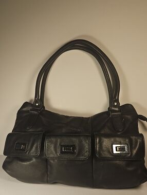 Vintage J by Jasper Conran Black Leather Cargo Hobo Bag Gunmetal Hardware